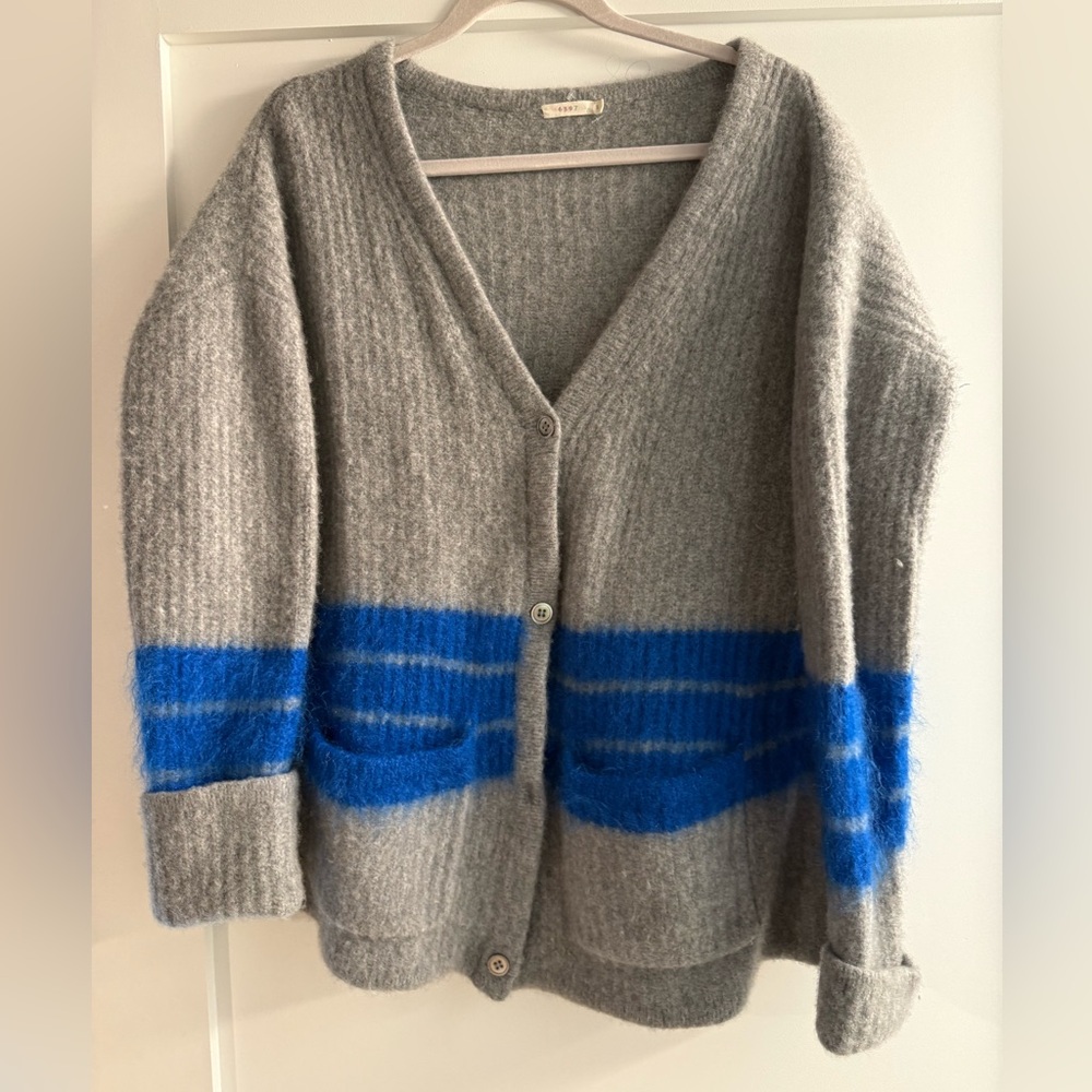 6397 Gray and Blue Cardigan Sweater with V-Neck